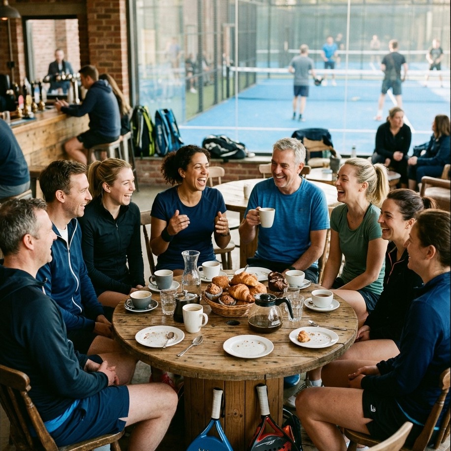 Members gathered around a table at a Nottingham Padel Network event